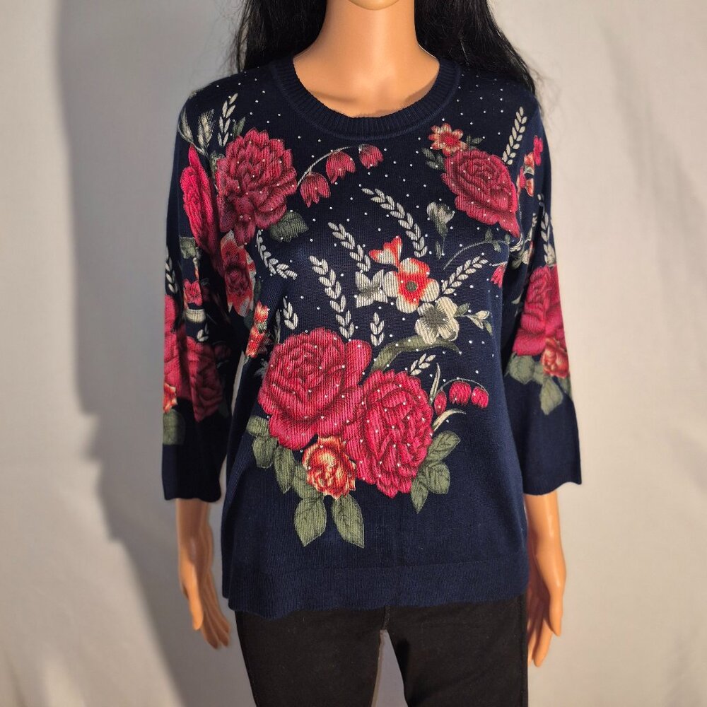 CD Petites Beautiful Red Rose ** studded sweater Blue in size Large-P (12-14)